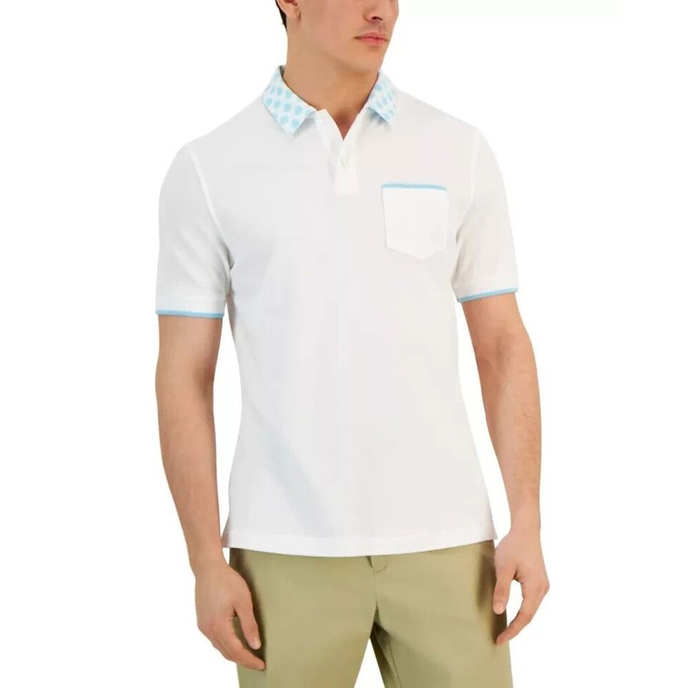 Club Room Men's Polo Shirt Checker Collar Chest Pocket Short Sleeve Cotton Blend